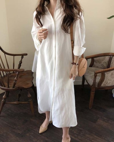 Casual Loose Solid Color Cotton Linen Shirt Dress