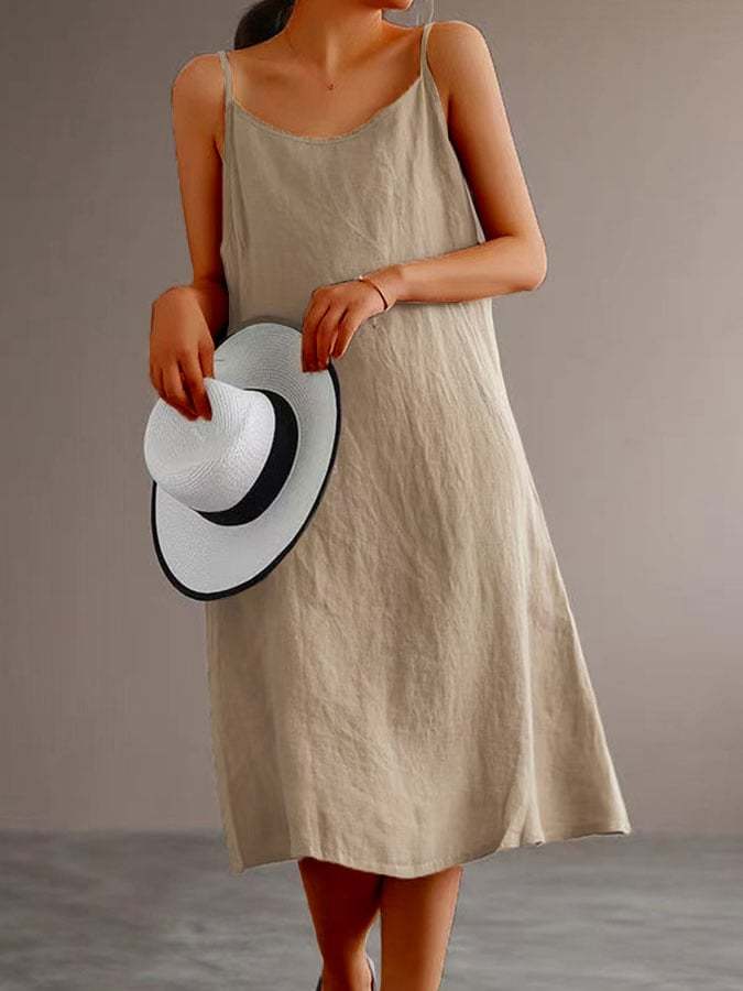Women's Cotton Linen Solid Color Sling Dress