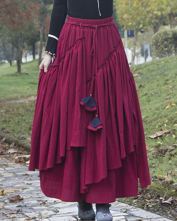 Solid Color Vintage Ethnic Pleated Linen Skirt