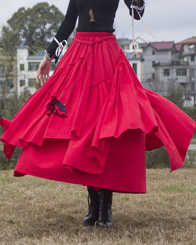 Solid Color Vintage Ethnic Pleated Linen Skirt