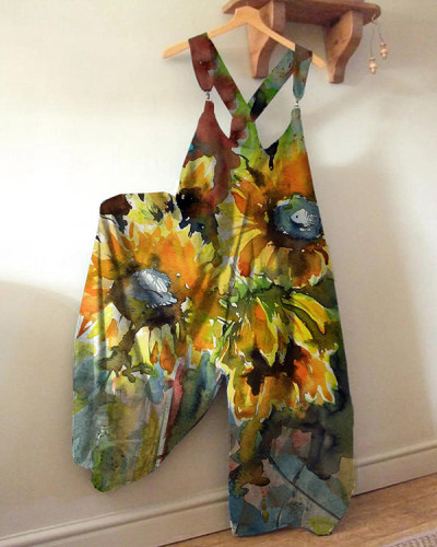 Sunflower Print Loose Jumpsuit