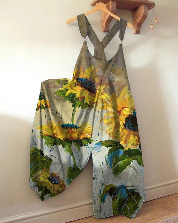 Sunflower Print Loose Jumpsuit