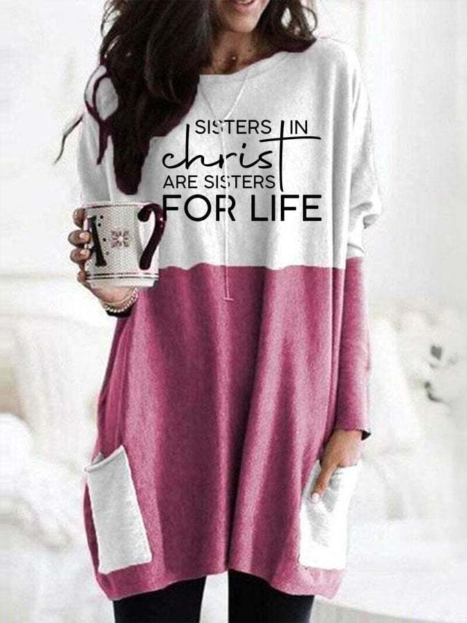 Women's Sisters In Christ Are Sisters For Life Print Pocket Long T-Shirt