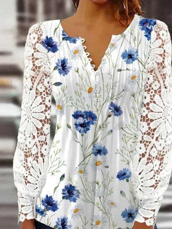 Casual Floral-Print Paneled Lace Long-Sleeved Top