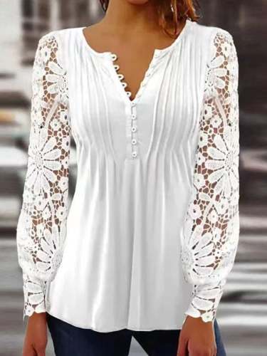 Casual Paneled Lace Long-Sleeved Top