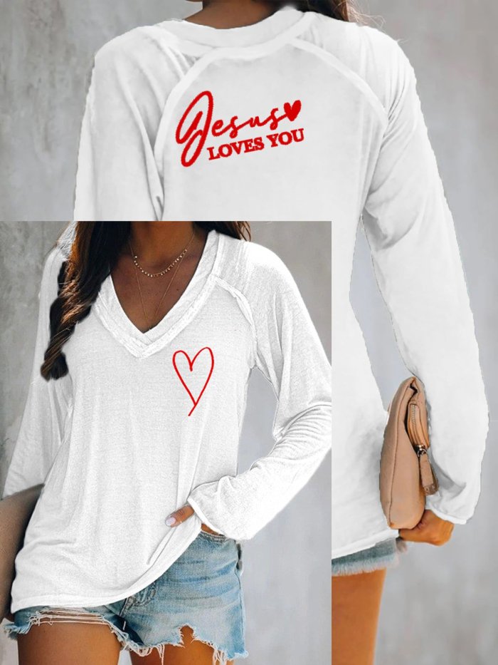 Women's Jesus Loves You V-Neck Long Sleeve T-shirt