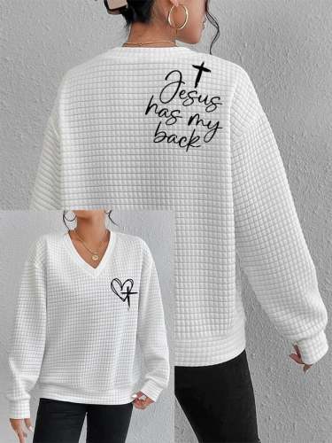 Women's Love Like Jesus Jesus Has My Back Printed Solid Color Waffle V-Neck Loose Casual Sweater
