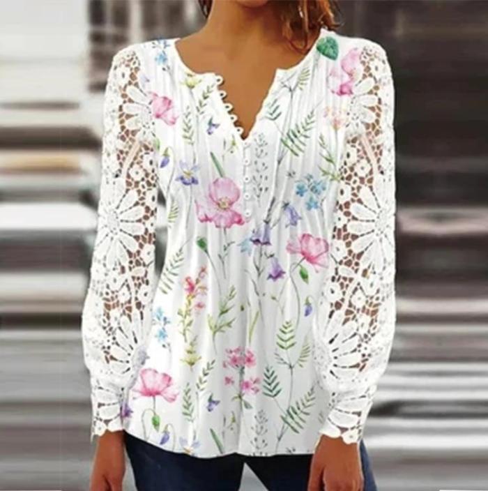 Casual Floral-Print Paneled Lace Long-Sleeved Top
