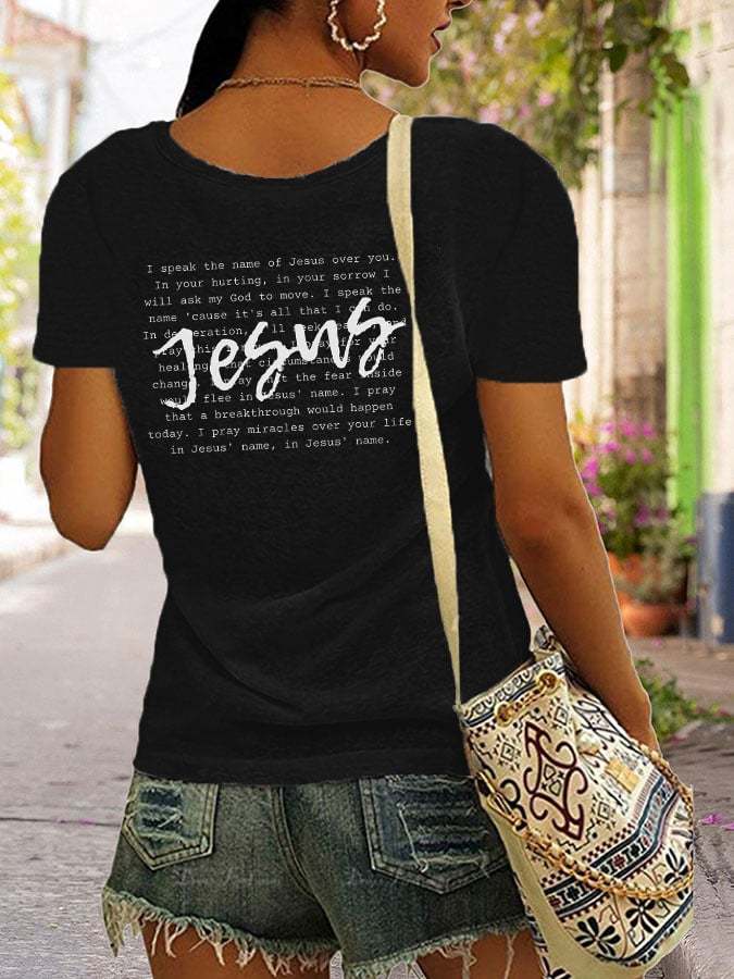 Women's Jesus Print V-Neck T-Shirt