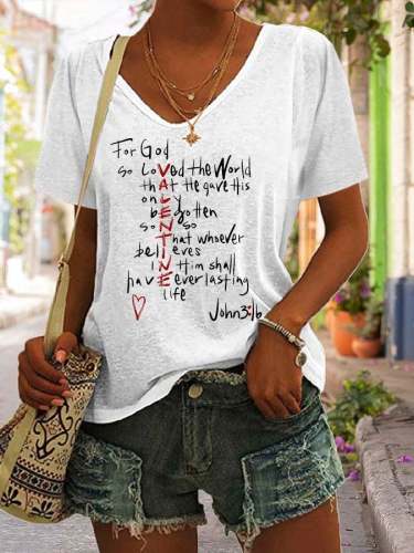 For God So Loved Print V-neck Short Sleeve T-Shirt