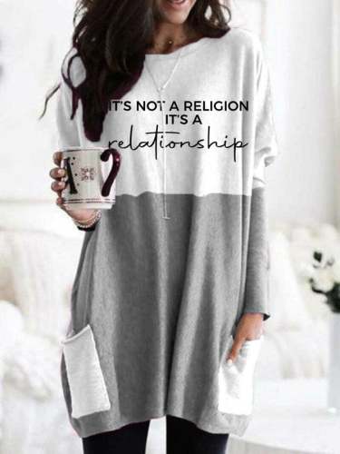 Women's It's Not A Religion It's A Relationship Print Pocket Long T-Shirt