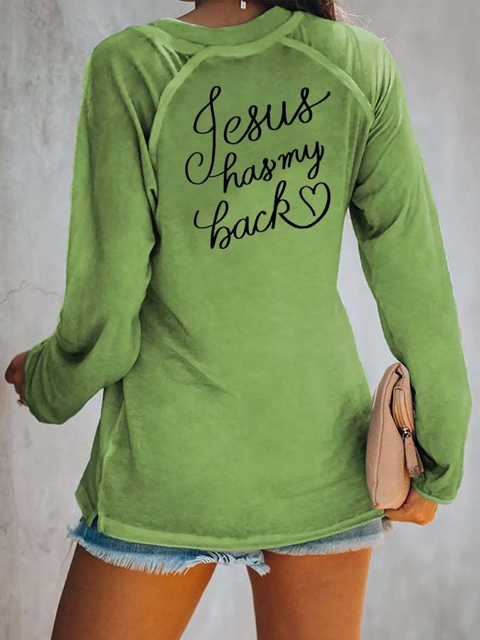 Women's Love Like Jesus Jesus Has My Back Casual V-Neck Long-Sleeve T-Shirt
