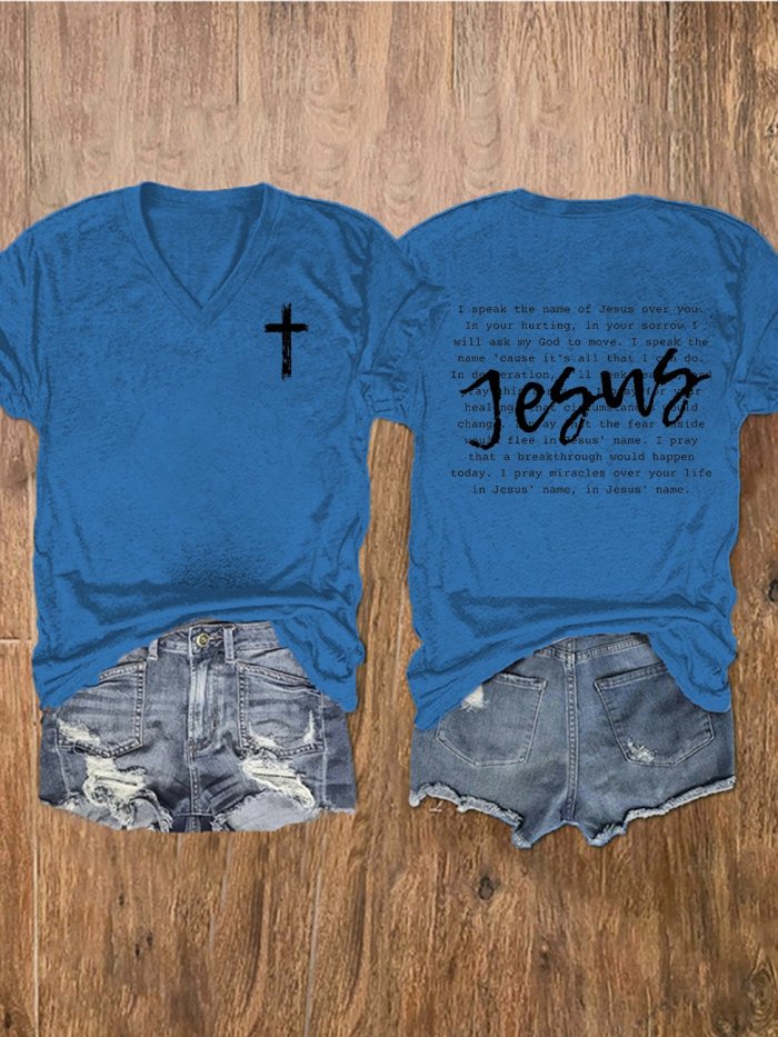 Women's Jesus Print V-Neck T-Shirt