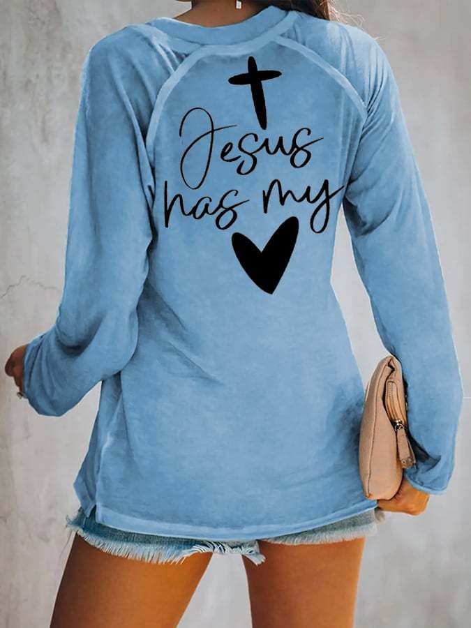 Women'sLove Like Jesus Jesus Has My Heart Casual V-Neck Long-Sleeve T-Shirt