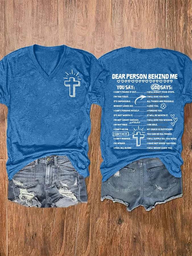 Women's Dear Person Behind Me Jesus Print V-Neck Casual T-Shirt