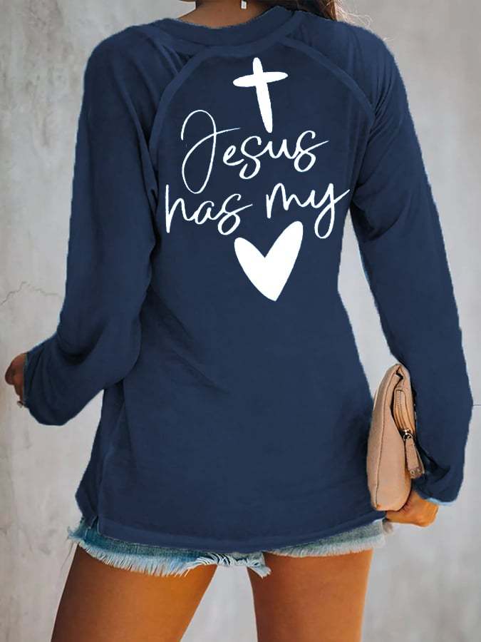 Women'sLove Like Jesus Jesus Has My Heart Casual V-Neck Long-Sleeve T-Shirt