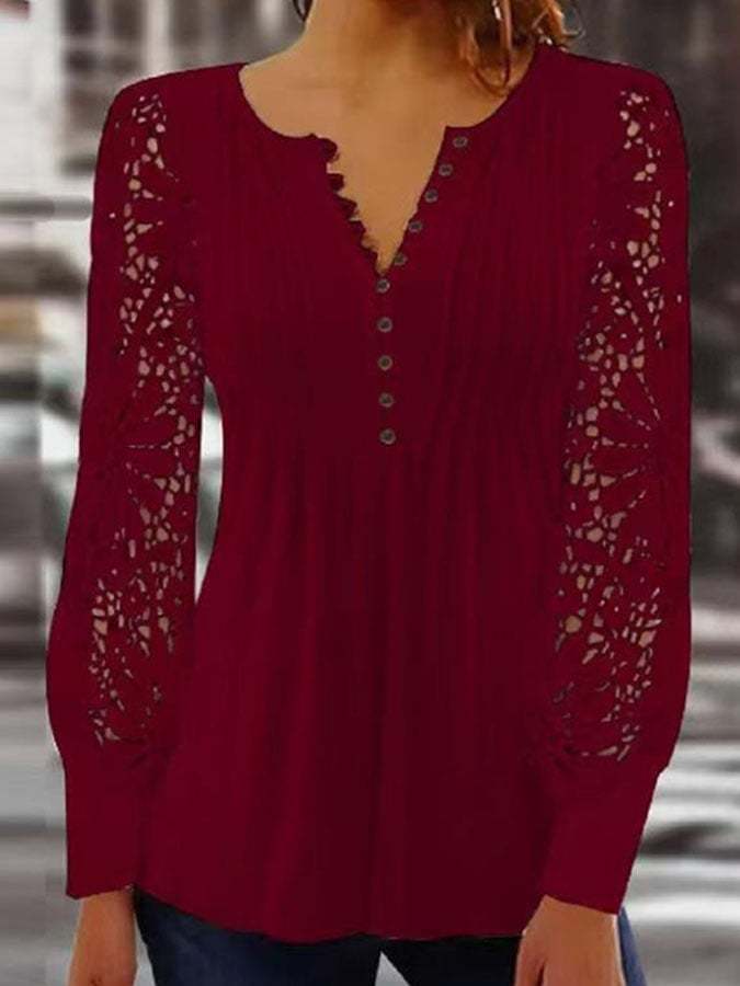 Casual Paneled Lace Long-Sleeved Top