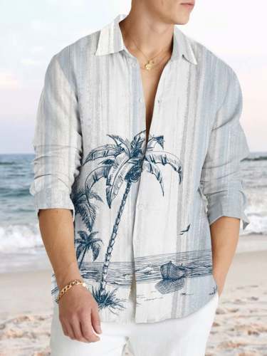 Men's Cotton Linen Style Coconut Tree Graphic Print Long Sleeve Shirt