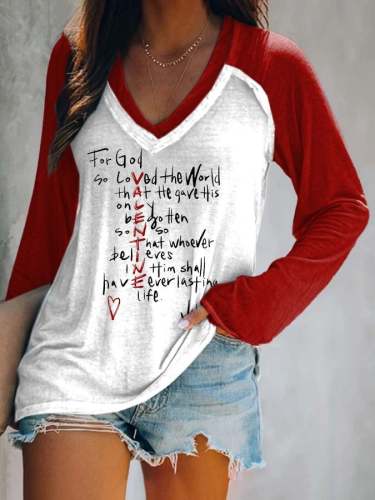 For God So Loved Color Block V-Neck Long Sleeve T-Shirt