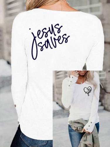 Women's Faith Jesus Saves Print Button Top