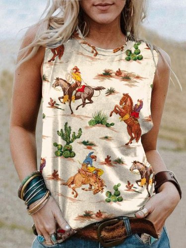 Women's Western Cowboys Cowgirls Print Round Neck Sleeveless T-Shirt