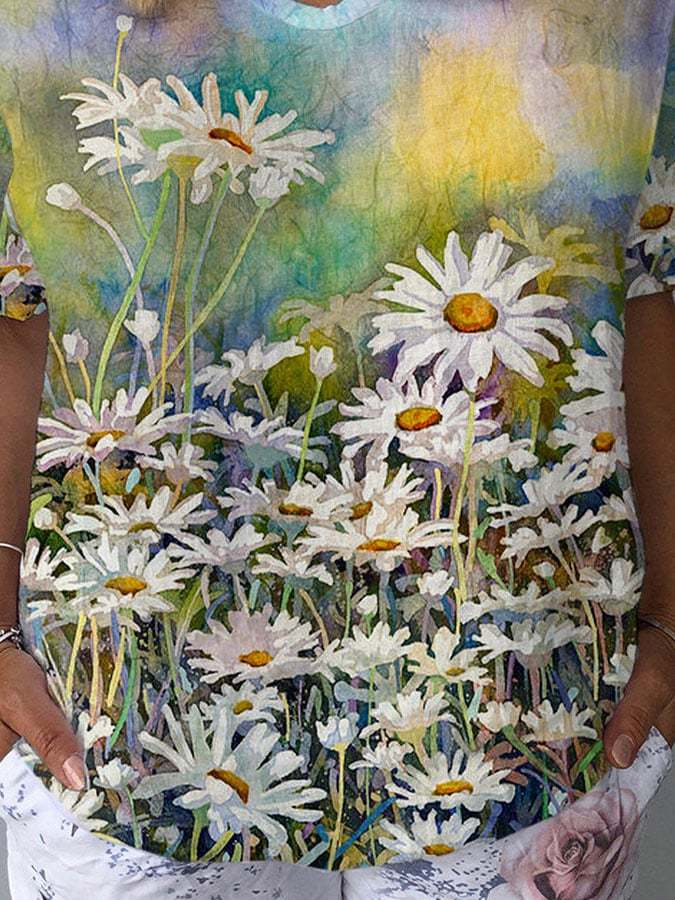 Casual Daisy Floral Oil Painting Print T-Shirt