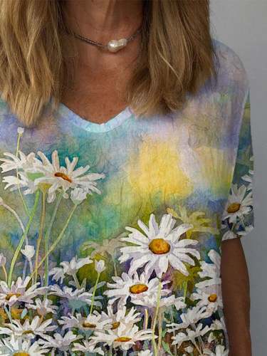 Casual Daisy Floral Oil Painting Print T-Shirt
