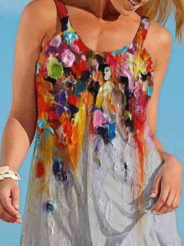 Vacation Flowers Oil Painting Print Slip Dress