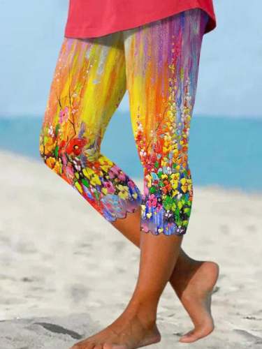 Floral Oil Painting Wavy Edge Print Leggings