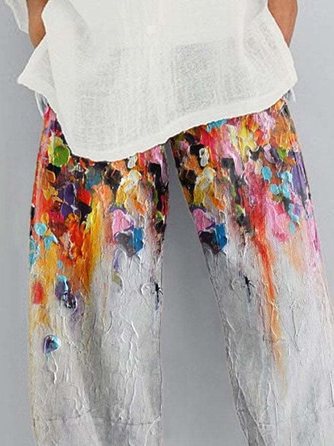 Casual Floral Oil Painting Print Trousers