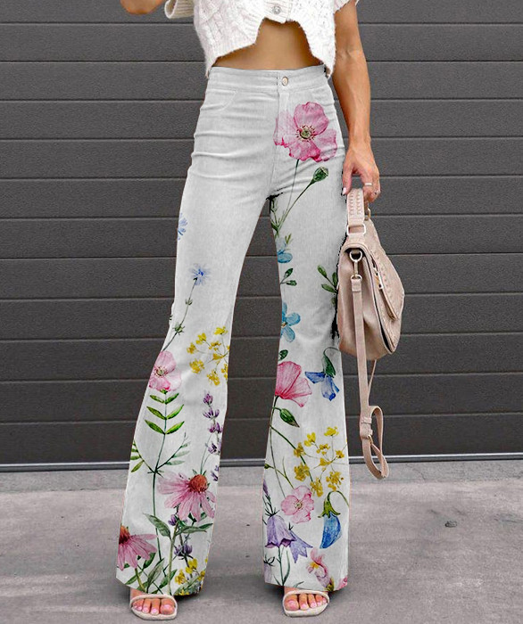 Women's Floral Print Mid Waist Casual Pants