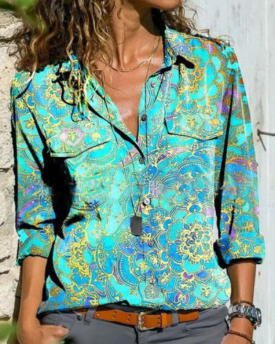 Floral Print Lapel Long Sleeve Button Up Blouses