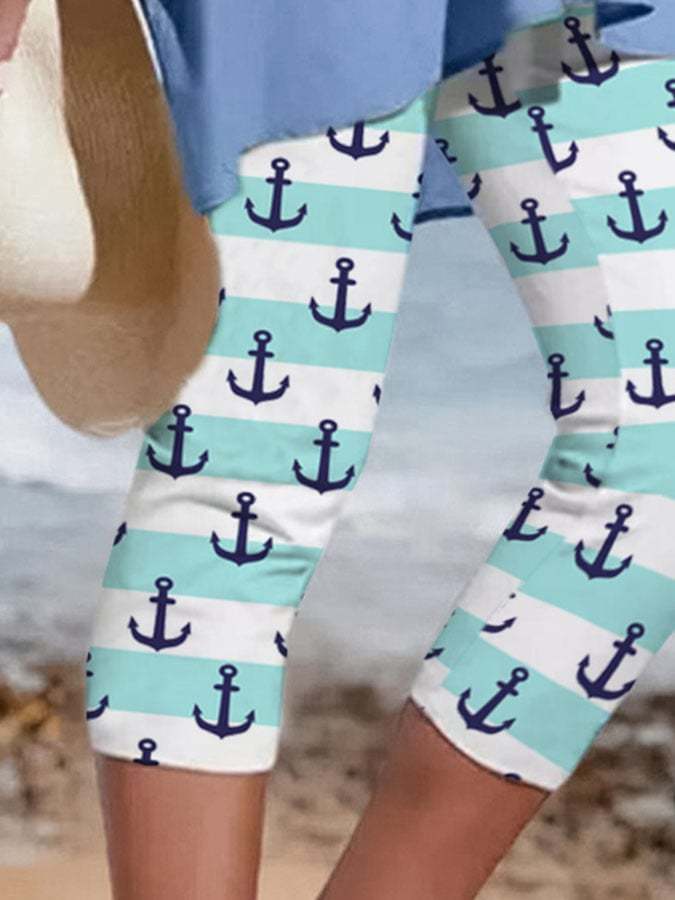 Vacation Striped Anchor Print Leggings