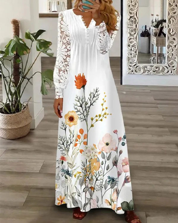Elegant Lace Floral Print Maxi Dress