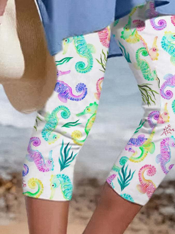 Vacation Colorful Seahorse Print Leggings