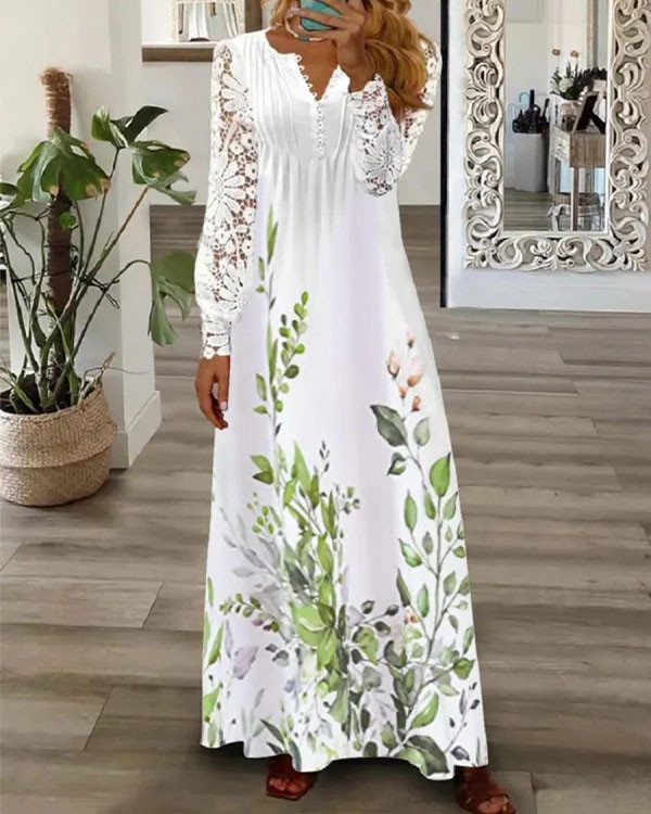 Elegant Lace Floral Print Maxi Dress