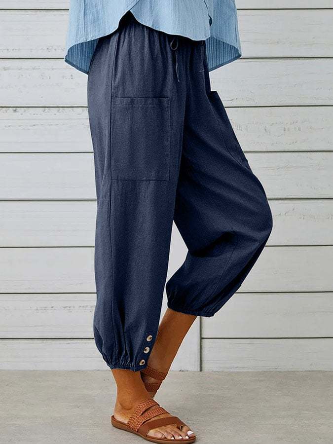 Solid Color Casual With Pocket Buttons Cotton Linen Trousers