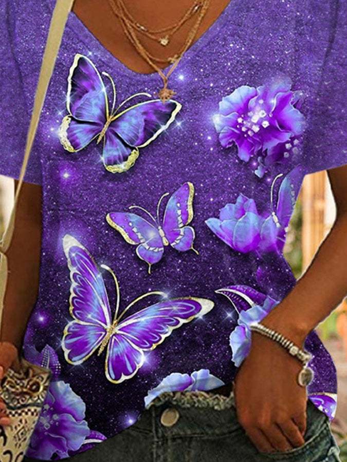 V-neck Purple Butterfly Flower Print T-Shirt