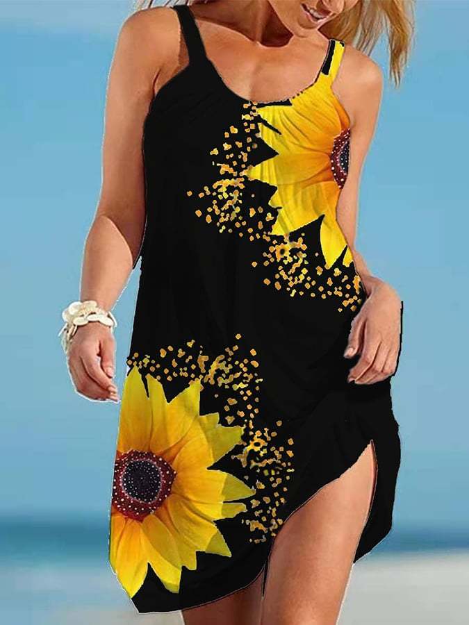 Sunflower Print Resort Strap Beach Dress