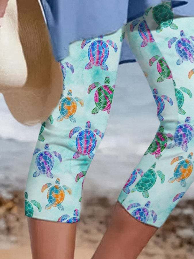 Vacation Colorful Sea Turtle Print Leggings