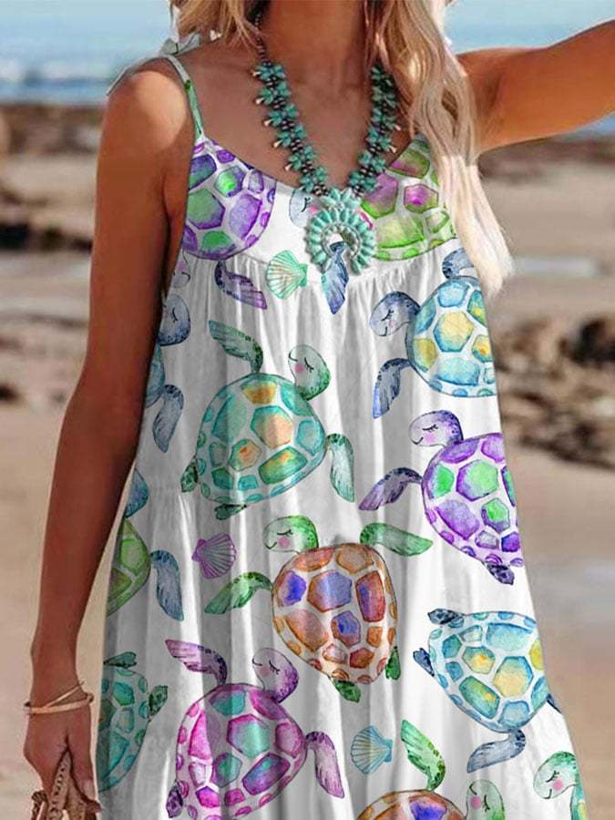 Loose Sea ​​Turtle Printed Slip Dress