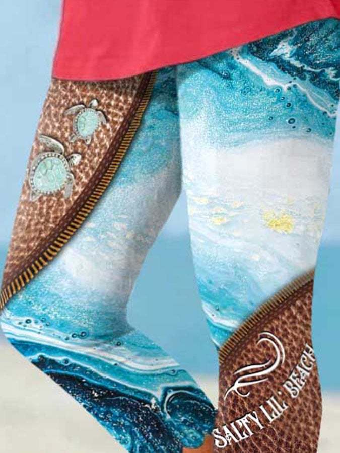 Sea Turtle Zipper Wavy Side With Pocket Print Leggings