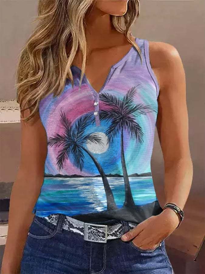Women's Resort Palm Tree Print Sleeveless Button Tank Top