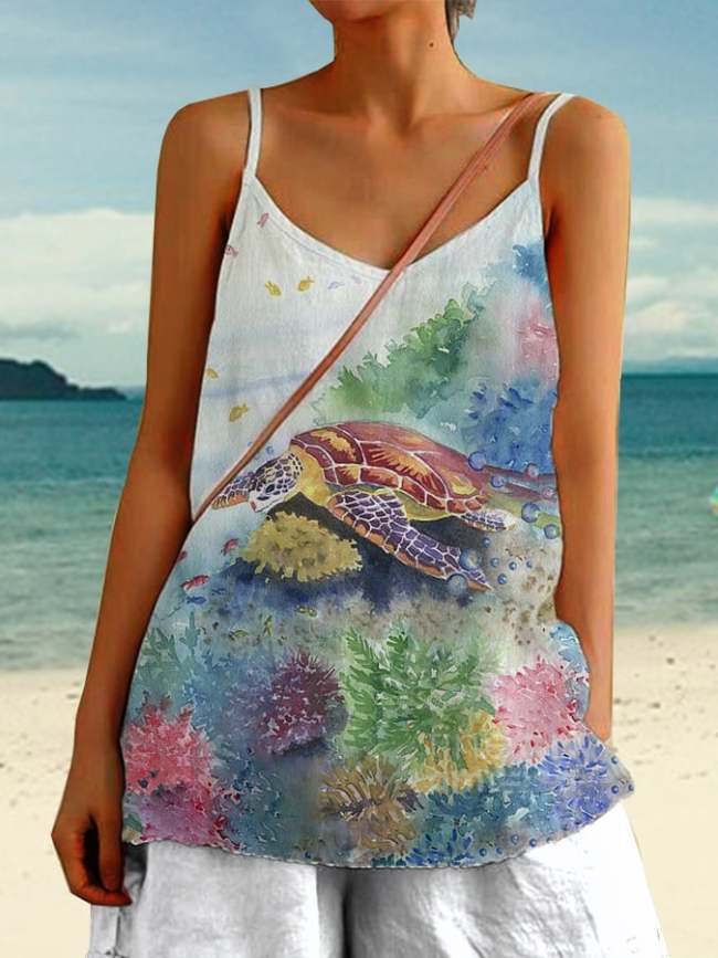 Women's Summer Ocean Sea Turtle Cotton Linen Camisole