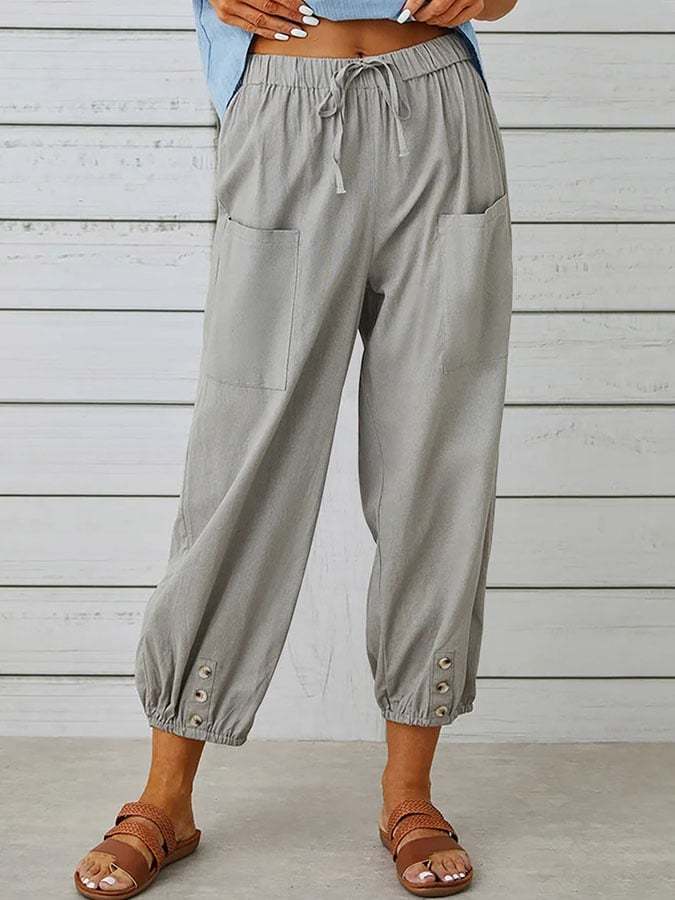 Solid Color Casual With Pocket Buttons Cotton Linen Trousers