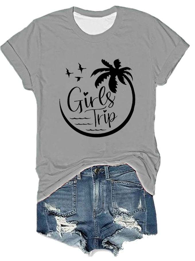 Women's Beach Vibes Girl's Trip Palm Coco Tree Print T-Shirt