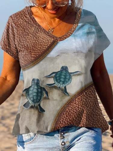 Sea Turtle Zipper Print T-Shirt