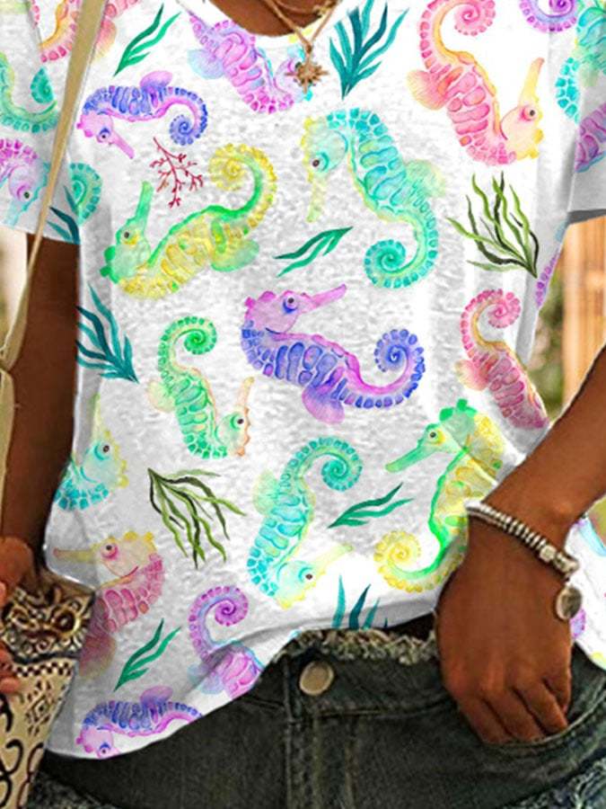 V-neck Vacation Colorful Seahorse Print T-Shirt
