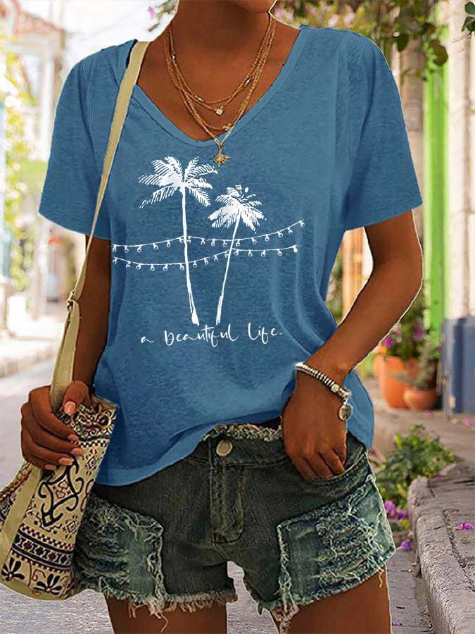 Women's A Beautiful Life Palm Trees V-Neck Tee