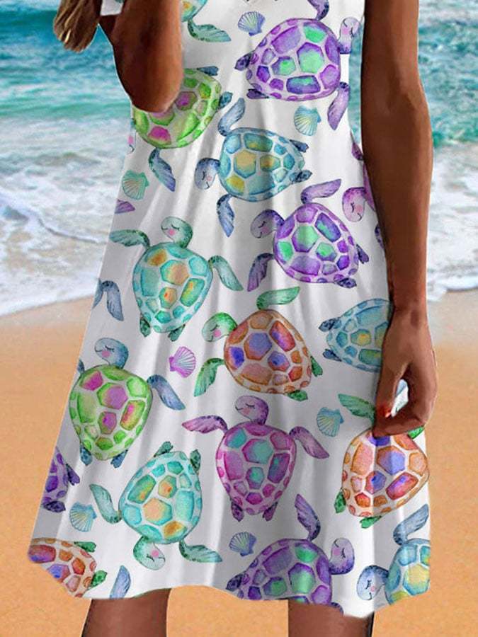 V Neck Sea Turtle Print Dress